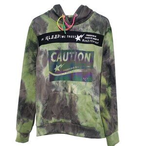 Kleep Reflective Caution Fleece Hoodie Green Tie Dye Pullover Mens Medium